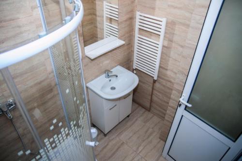 a small bathroom with a sink and a shower at Dumbrava Minunata in Braşov
