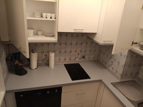a small kitchen with white cabinets and white counters at Westblick in Plön