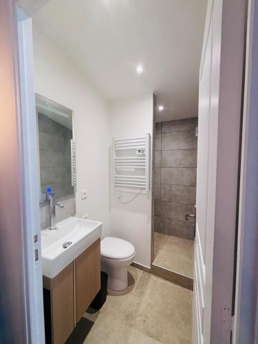 a bathroom with a toilet and a sink and a shower at Maison privée spacieuse avec piscine chauffée pour 8 personnes in Joué-lès-Tours
