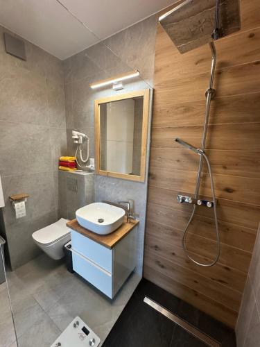 a bathroom with a toilet and a sink and a shower at Apartamenty Wichrowa in Żywiec