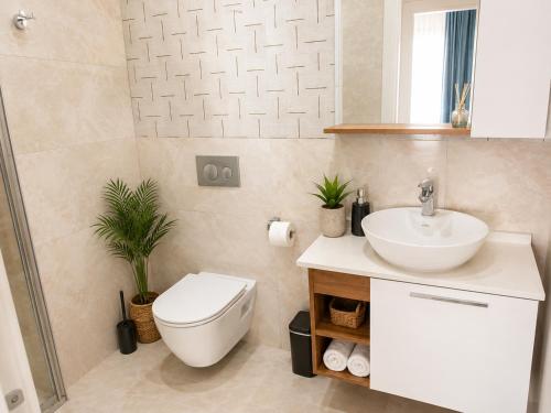 a bathroom with a white toilet and a sink at Rıversıdelıfe Iskele M 147 in Aglantzia
