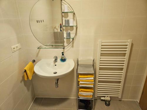 a bathroom with a sink and a mirror at Ferienwohnungen Simon - Hauserhof in Oberperfuss