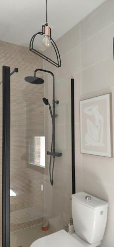 a bathroom with a shower with a toilet and a glass door at Lodge au vent in Savigné-lʼÉvêque