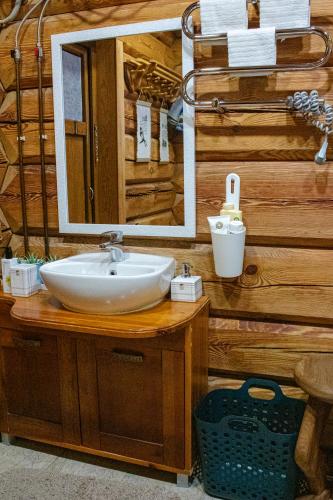 ein Badezimmer mit Waschbecken und Spiegel in der Unterkunft Zemene in Bauska