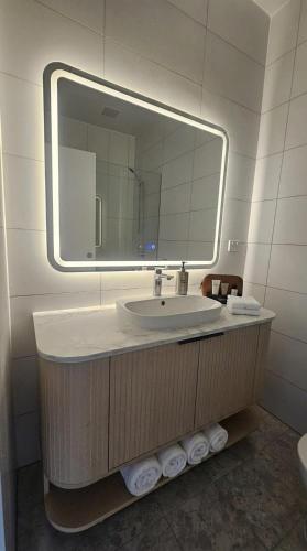 a bathroom with a sink and a mirror at ROMSEN Nambucca Valley in Macksville