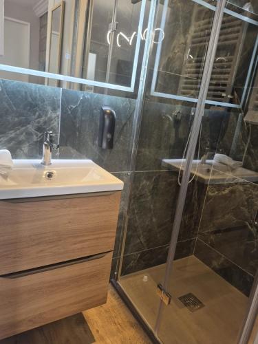 a bathroom with a shower and a sink at Kergoat in Carhaix-Plouguer
