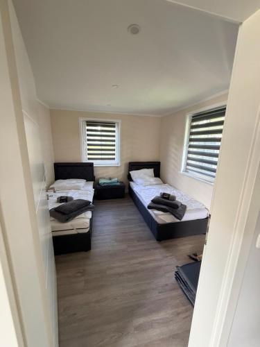 a room with three beds and two windows at Haus Bernd Joachimsthal am Grimnitzsee in Joachimsthal