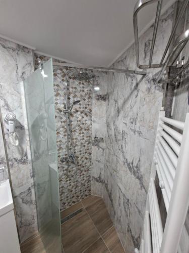 a bathroom with a shower with a glass door at Studio Niki in Smolyan