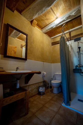 a bathroom with a sink and a toilet and a mirror at Sons do Eo- Apartamentos rurales sostenibles en Baleira Lugo in Baleira