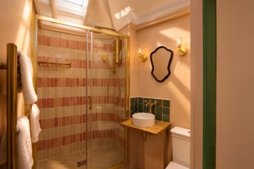 a bathroom with a shower and a toilet and a sink at The Boathouse - Salcombe - Spring Time Tiny Home in Salcombe