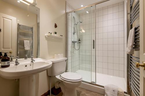 a bathroom with a toilet and a sink and a shower at Stable Cottage - Elie in Elie