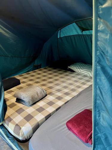 a bed in a tent with two pillows on it at Batupineus Riverside in Palayangan