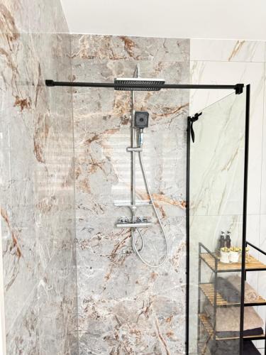 a shower with a glass door in a bathroom at TSD Living in Kapfenberg