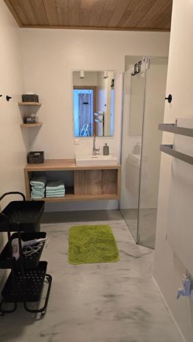 a bathroom with a sink and a mirror at Ferienhaus Trift in Illmitz