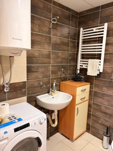 a bathroom with a washing machine and a sink at Apartman Enigma II in Ruma