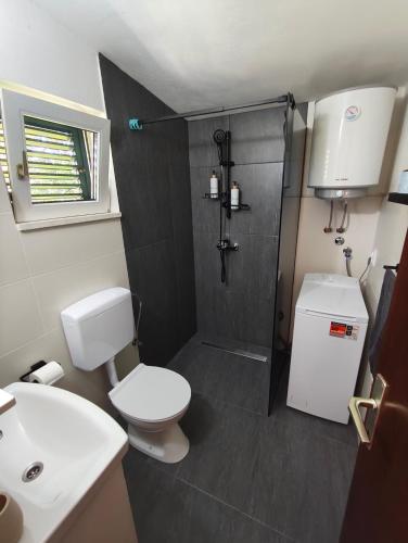 a bathroom with a shower and a toilet and a sink at Apartment Miljenko Tomic 2 in Supetar