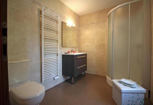 a bathroom with a toilet and a sink and a shower at La petite ecosse in Châteauneuf-la-Forêt