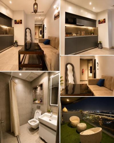 a collage of four pictures of a living room at Skyvera Stay at Supernova Spira in New Delhi