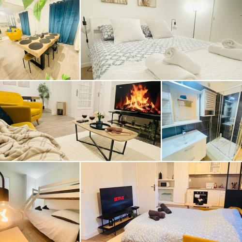 a collage of photos of a hotel room at Le Coin Soleil - Netflix - Insead in Fontainebleau
