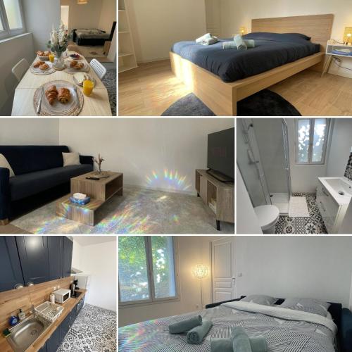 a collage of four pictures of a bedroom at Le Loft d'Azur - Cozy - Netflix in Fontainebleau