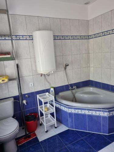 a blue and white bathroom with a tub and a toilet at Kłączyn in Kłaczno