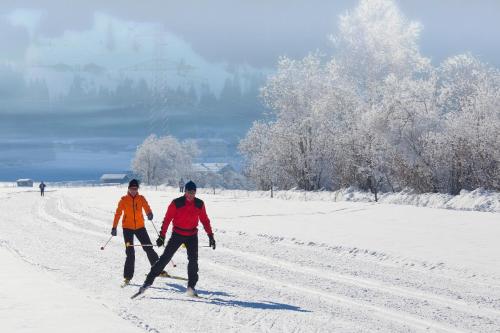 two people are cross country skiing in the snow at Das gemütliche Dorfhotel Kaltenhauser in Hollersbach im Pinzgau