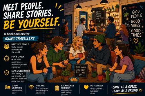 a poster for a group of people sitting in a bar at Schutzenbach Backpackers For Adults 18-32 years only in Lauterbrunnen