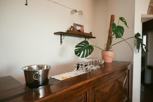a wooden table with glasses and a plant on it at Casa Terra Holiday in Padenghe sul Garda