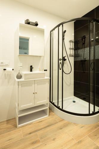 a bathroom with a shower and a sink at Sky tower space in Katowice