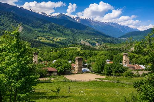 a village in a valley with mountains in the background at Sarag Family Guesthouse Svaneti in Mestia