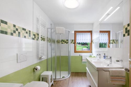 ein weißes Badezimmer mit Dusche und Waschbecken in der Unterkunft Pirchahof in Martell