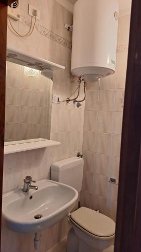 a small bathroom with a toilet and a sink at Villa a schiera con uso piscina in Aprilia Marittima