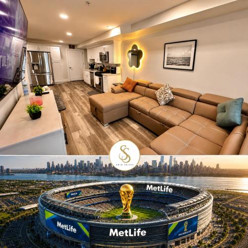 two pictures of a living room with a couch at The Modern Suite - 2BR Close to NYC in Paterson