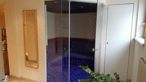 W łazience znajduje się prysznic ze szklanymi drzwiami. w obiekcie Parseierblick w mieście Sankt Anton am Arlberg