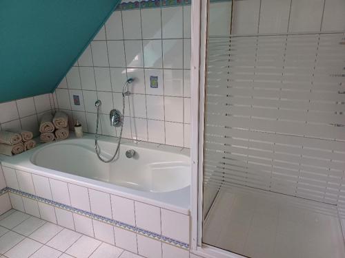 a bath tub in a bathroom with a shower at Ferienwohnung Talblick in Horath