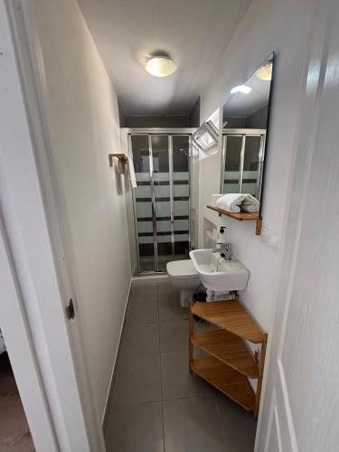 a small bathroom with a toilet and a sink at Pension Alver - El Refugio del Artista in Cudillero