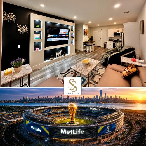 a living room with a tv and a living room with a statue at The Stylish Suite - 1BR with Free Parking in Paterson