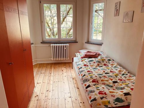 a bedroom with a bed and two windows at Auszeit im Chursbachtal in Callenberg