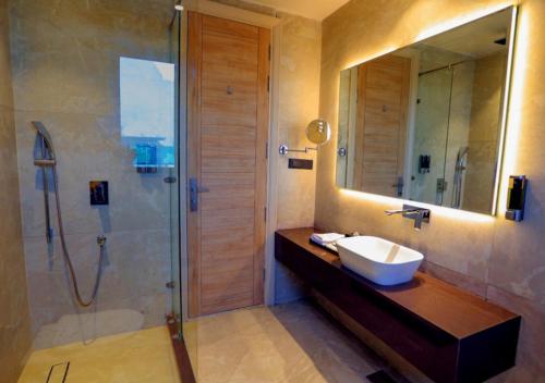 a bathroom with a sink and a shower at Hotel Fortune Plaza in Karnal