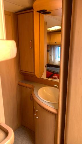 a bathroom with a sink and a mirror at Hobby De Luxe Caravan in Copenhagen