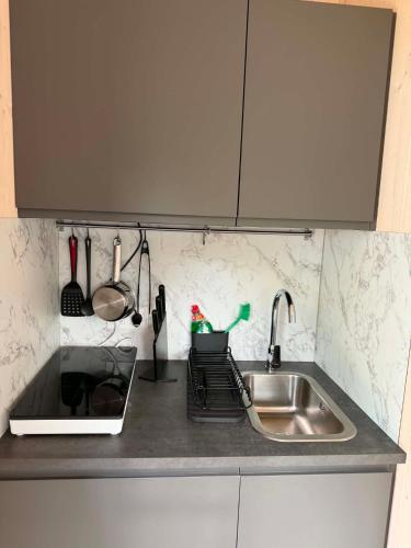 a kitchen counter top with a sink and a sink at Svala Guesthouses in Selfoss