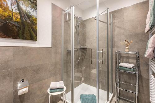 a shower with a glass door in a bathroom at Ferienhof Schade in Eslohe