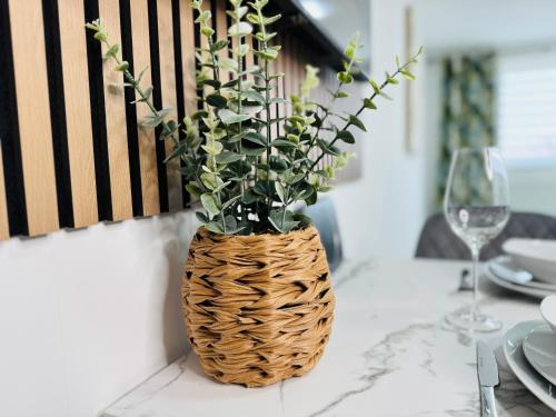 a vase on a table with a plant in it at Deluxe One-Bedroom Apartment, Central in Swindon