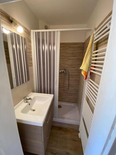 a bathroom with a sink and a shower and a toilet at Retro chalupa Sobkovice in Sobkovice