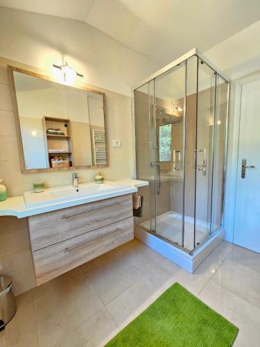 a bathroom with a shower and a sink and a mirror at Apartman Ruza 2 in Opric