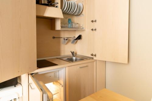 a small kitchen with a sink and cabinets at Aparthotel All'Orologio in Peschiera del Garda