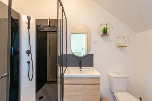 a bathroom with a sink and a toilet and a mirror at Casa 37 in Saint-Quentin