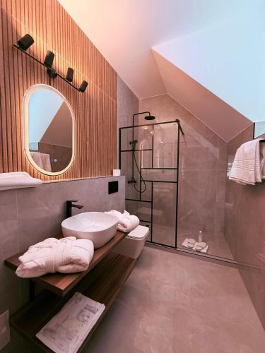 a bathroom with a sink and a shower at Shiro Nord in Predeal