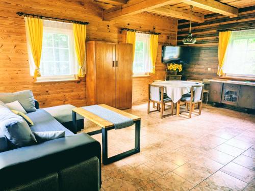 a living room with a couch and a table at Dom ukryty przed światem - Szeroki Bór in Ruciane-Nida