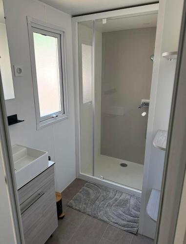 a bathroom with a shower and a sink and a mirror at Mobil Home SIBLU VALRAS PLAGE in Sérignan
